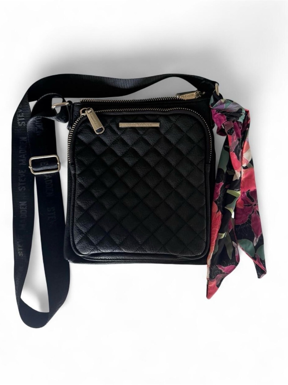 Steve Madden Black Quilted Crossbody with Floral Scarf Accent